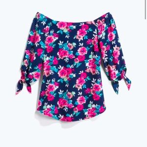 Status by Chenault Navy Pink Floral Pattern Off-Shoulder 3/4 Length Flowy Top